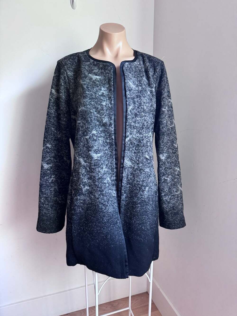 Eileen Fisher Ombré Boiled Wool Open Front Coat Black Gray Italian Petite L